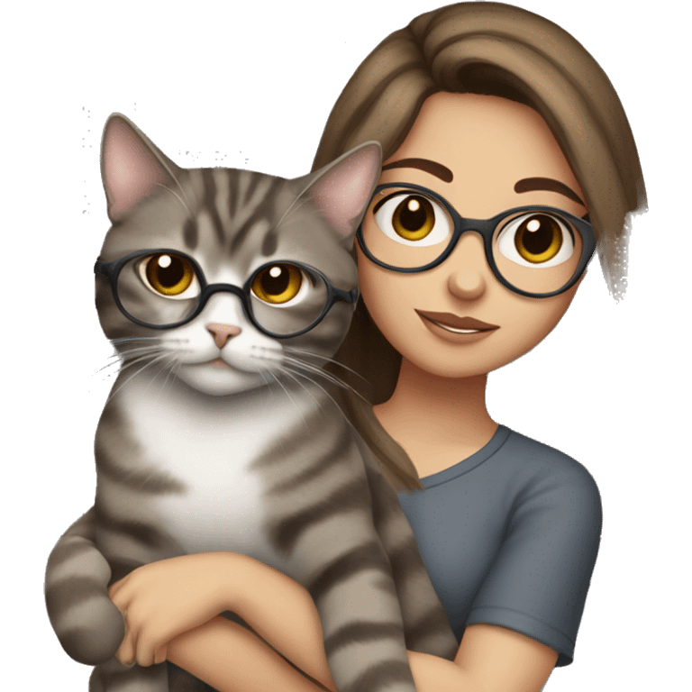 gurl brown hair with glasses holding a grey tabby cat emoji