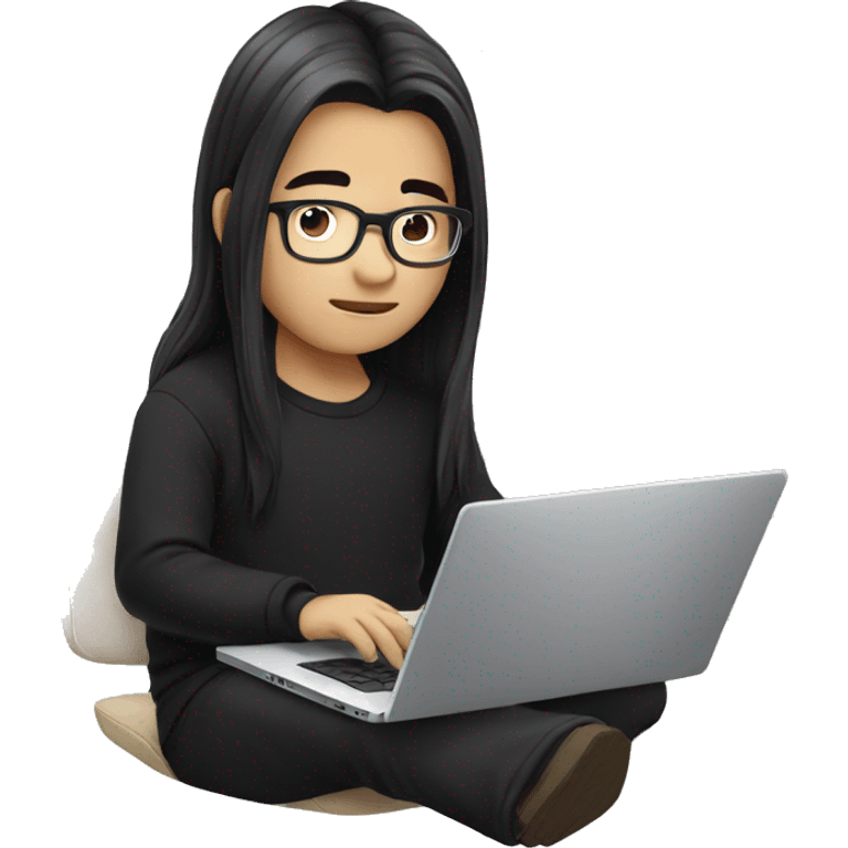 asian boy with glasses, long hair working, wearing black clothes , on his laptop  emoji