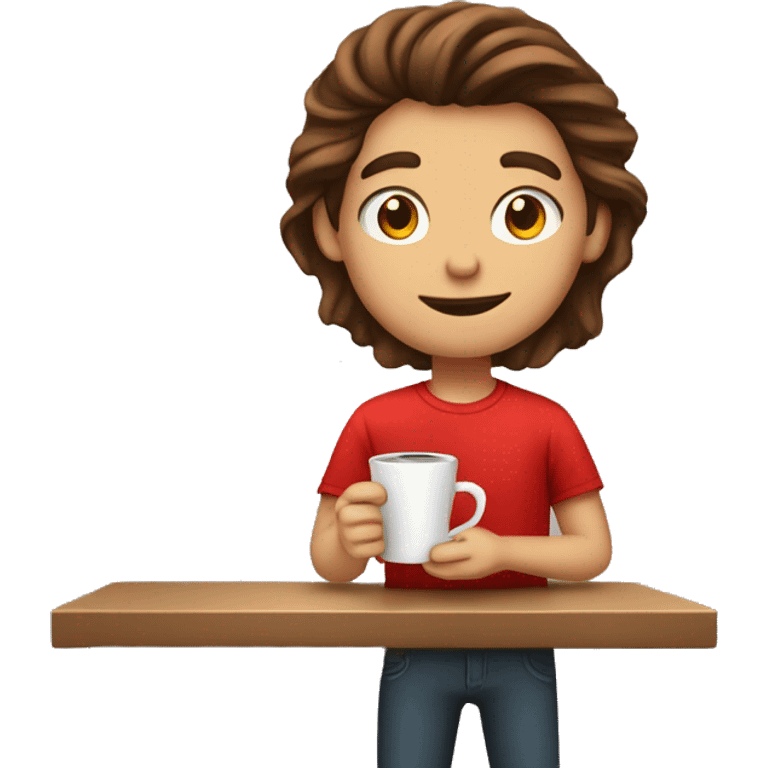 barista boy in a red t-shirt with long brown hair, with a cup of coffee in a hand emoji