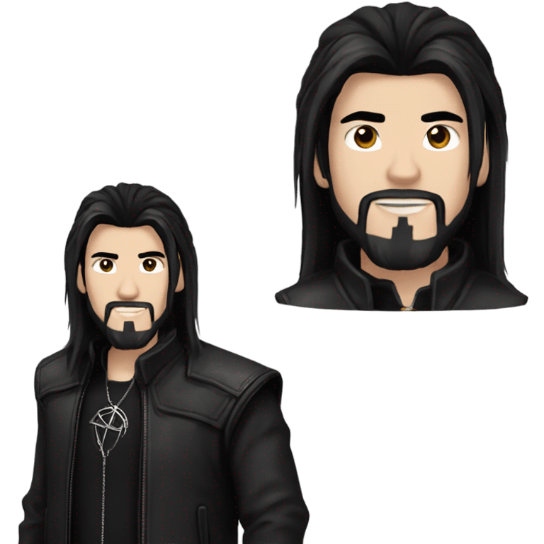 Chinese Man with pale skin, very long black hair, black goatee, square jawline, eyeliner, black leather jacket, black pants, black shirt and pentacle necklace emoji