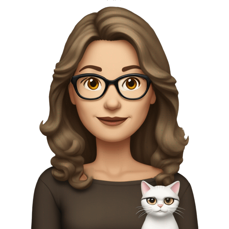 50 years old girl
long brown hair with volume styling
light skin
glasses with refined frame
Brown eyes with cat eye liner emoji