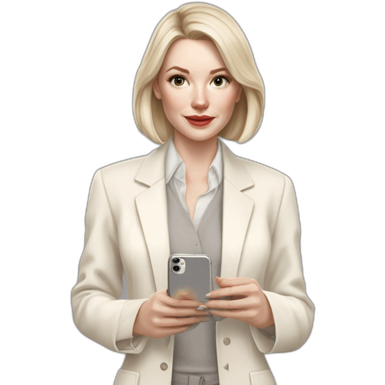 pale skin woman with ash blonde Straightened bob Hair, White Spacious classical jacket, beige palazzo Arrow pants and gray blouse holding white IPhone 15 pro in the hands emoji