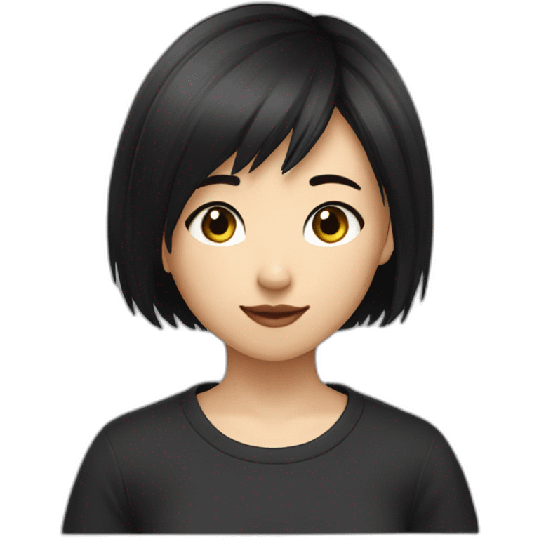 a girl with short black wolf cut hair, asian-europoid eyes, black tshirt emoji