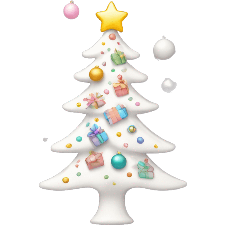 White Christmas tree with pastel presents underneath and pastel decorations emoji