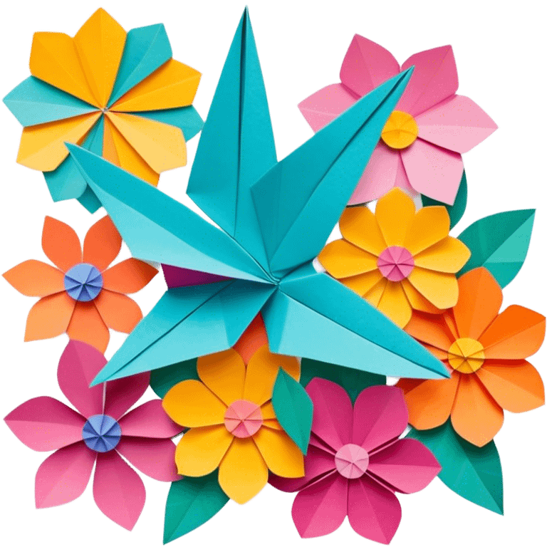 Paper crafting icon, various paper crafts like origami, paper flowers, and scrapbooking materials, visible tools, colorful paper patterns, minimalistic style, clean lines, transparent background. emoji