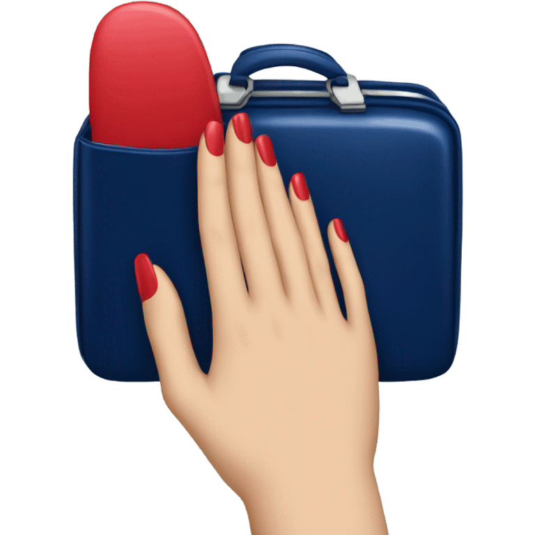 
female hand with red manicure holding a dark blue case emoji