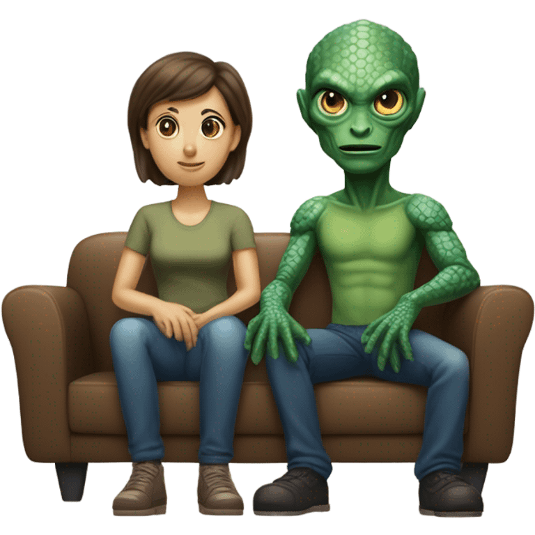 alien reptilian woman and humman man, sitting on a couch  emoji