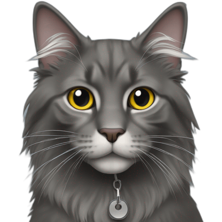 charcoal colored long haired cat with airtag collar emoji