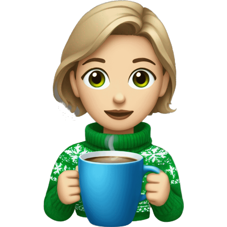 Light brown short haired girl with green eyes drinking coffee wearing blue Christmas sweater emoji