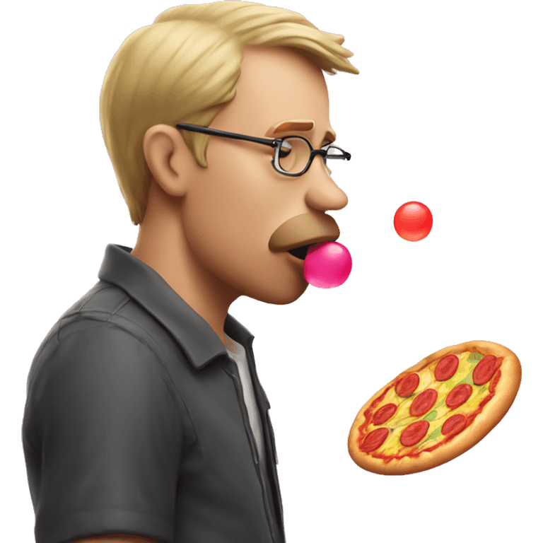 White man blowing a pizza flavoured bubble gum emoji