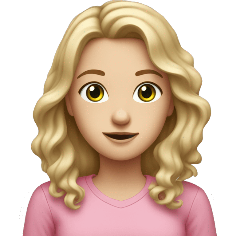 white girl with dirty blonde hair wavy, green eyes, freckles, with a pink shirt on emoji