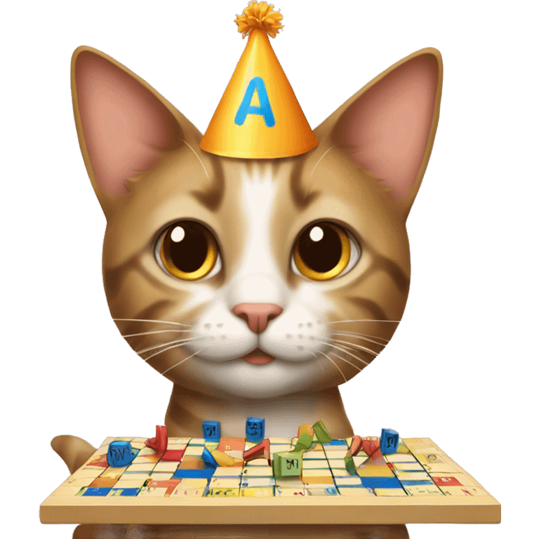 cat wearing a birthday hat playing scrabble emoji