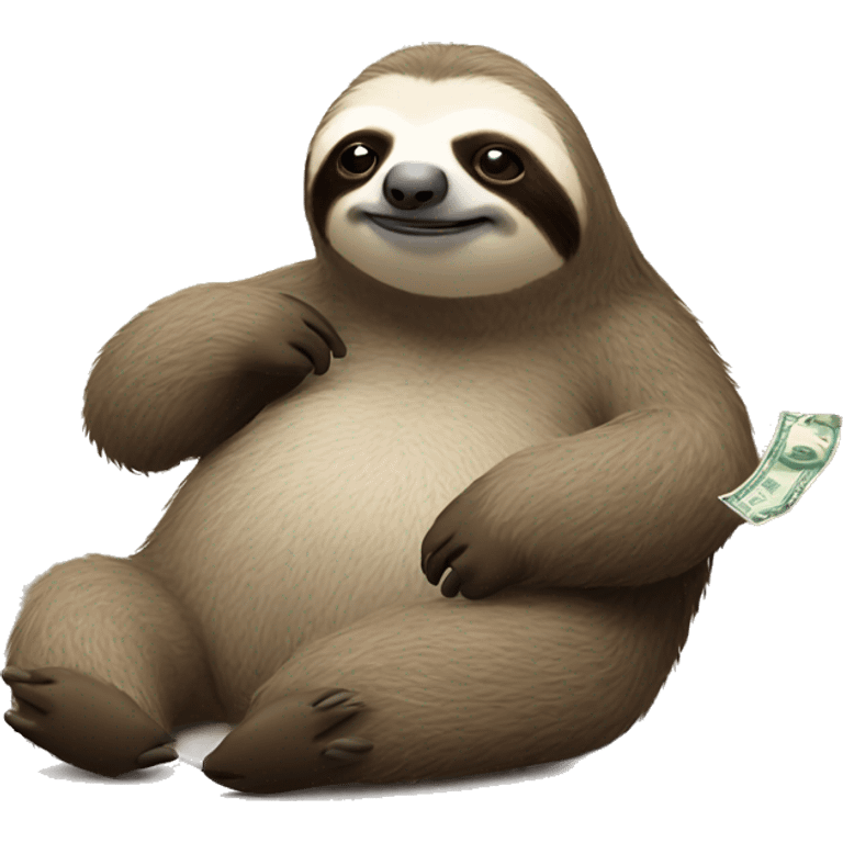 sloth laying down looking sleepy; add a phone in his hand and money flying in air around him emoji