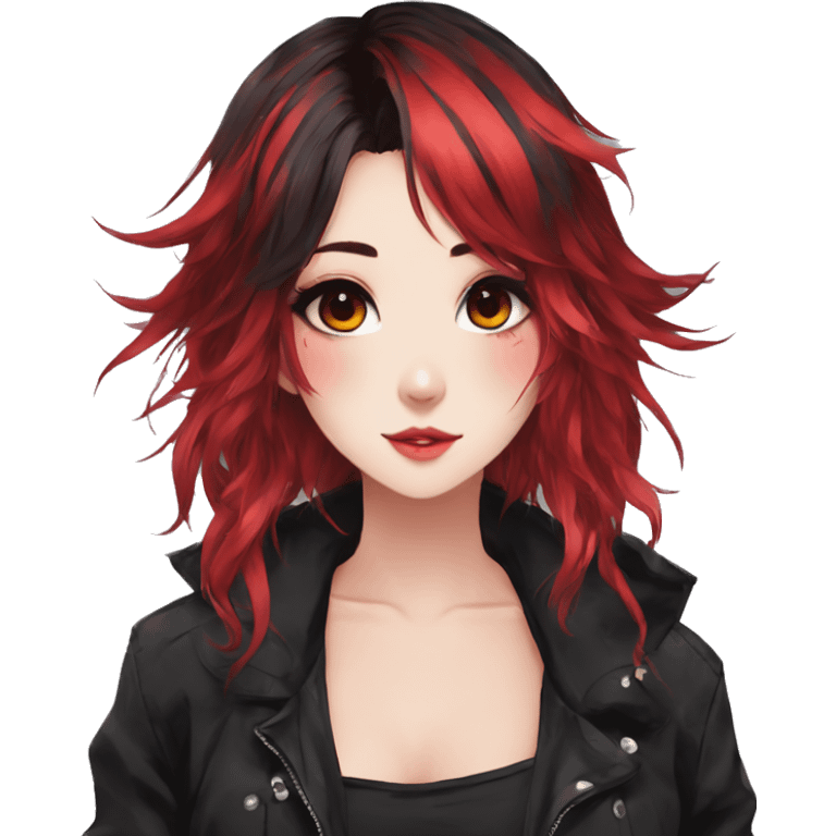 Gorgeous anime style lady with blushing face aesthetic and pretty edgy black red punk hair with hair garment trending style emoji