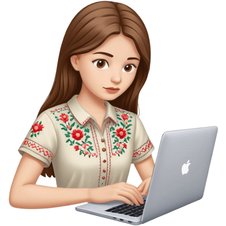 A Ukrainian girl with brown hair in an embroidered shirt works at her laptop emoji