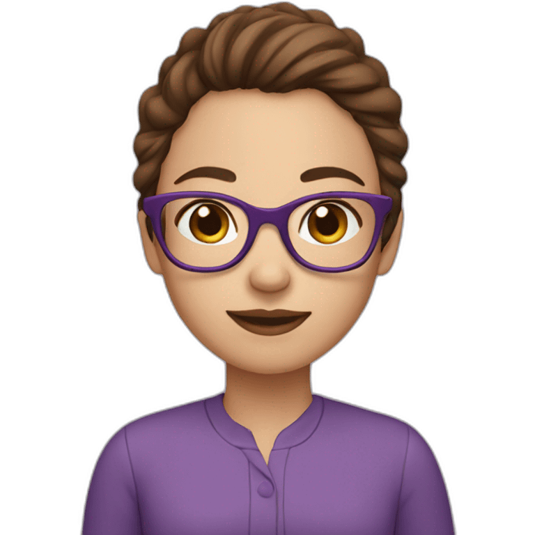 Girl with brown hair in glasses. wearing purple emoji