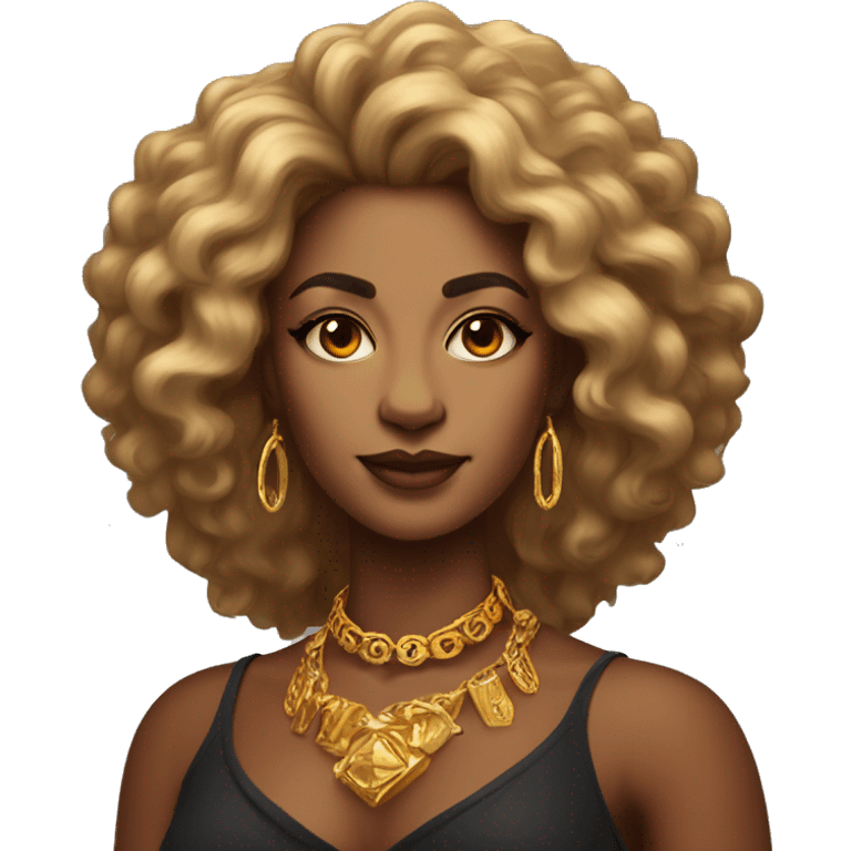 Create an emoji of a confident woman with voluminous lion-like hair, bold makeup, and gold jewelry, embodying the Leo zodiac sign with a regal expression and fiery energy. emoji