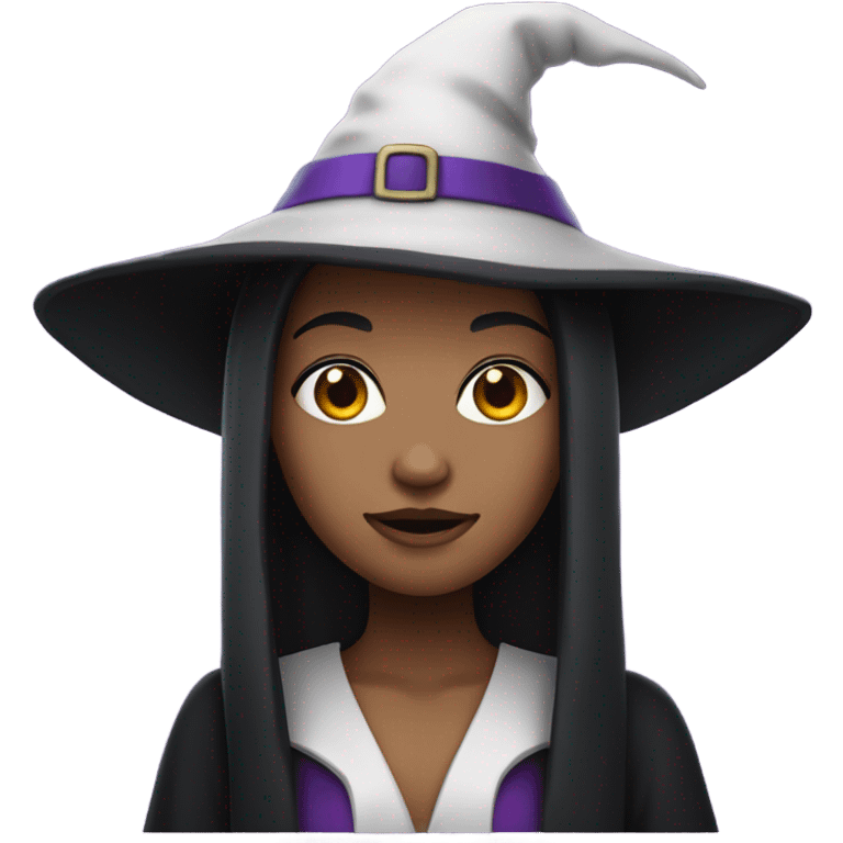 a young white brown thin girl with straight black hair dressed as a witch with purple hat emoji