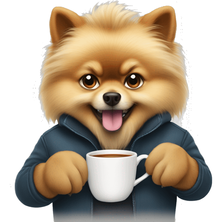 angry grown pomeranian holding a cup of tea i his paw emoji