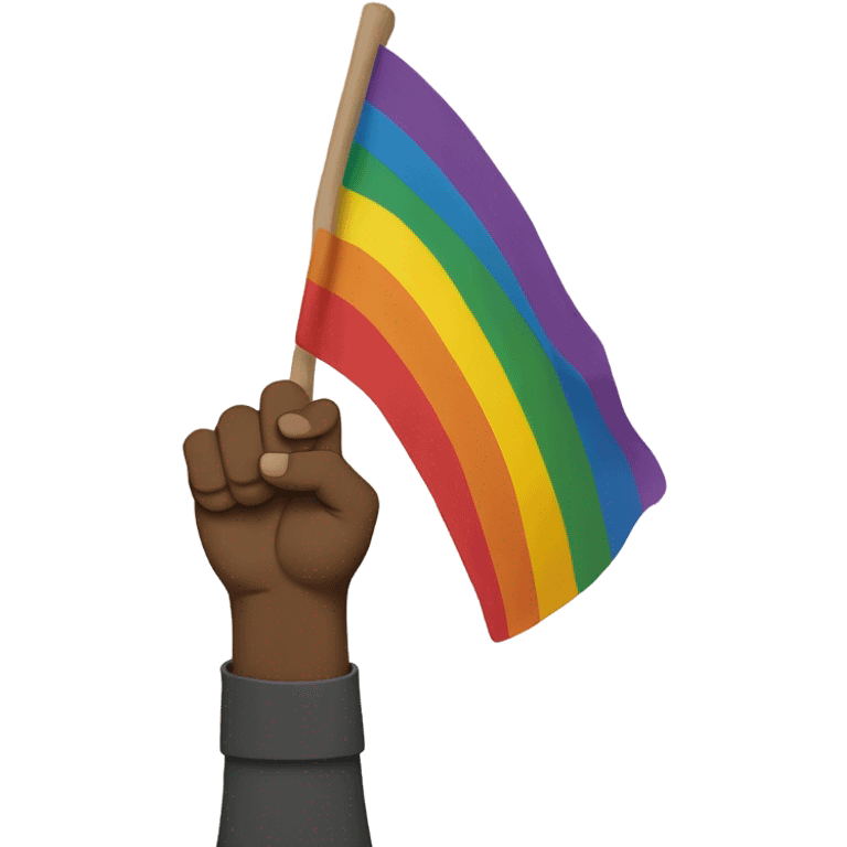 Person holding fist up kneeling on ground rainbow flag behind emoji