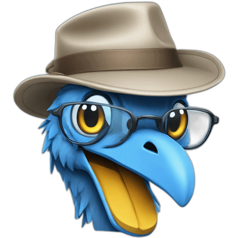 Crazy funny Cyberpunk Articuno head with beautiful smile wearing glasses and hat emoji