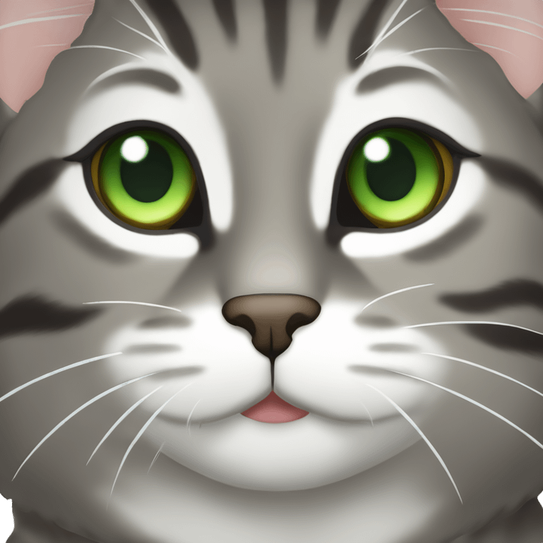 grayish brown tabby cat with green eyes and white muzzle and chin emoji