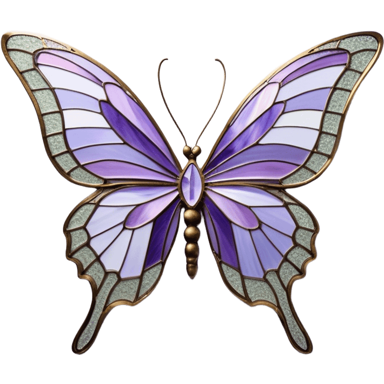 a stunningly detailed butterfly with lilac and ice-purple wings, adorned with an elegant mosaic-like pattern resembling stained glass. The wings should display a harmonious blend of swirling and geometric designs, giving them a mystical and artistic feel. The butterfly should have a graceful, elongated body with a subtle metallic sheen, enhancing its enchanting presence. emoji