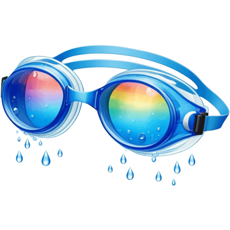 Transparent blue swim goggles, water droplets refracting rainbows emoji