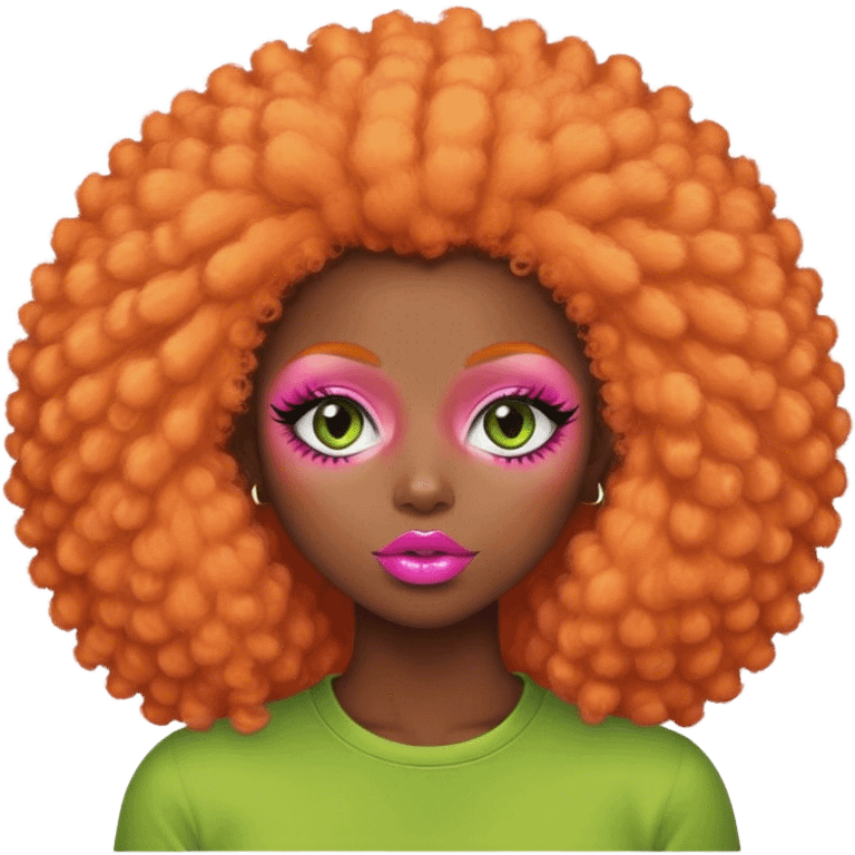 dark girl big pink lips big lashes big orange afro fluffy hair green shirt emoji