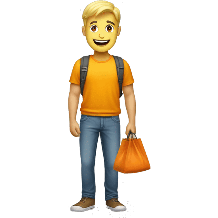 a blond guy with yellow shirt and orange bag who is very happy emoji