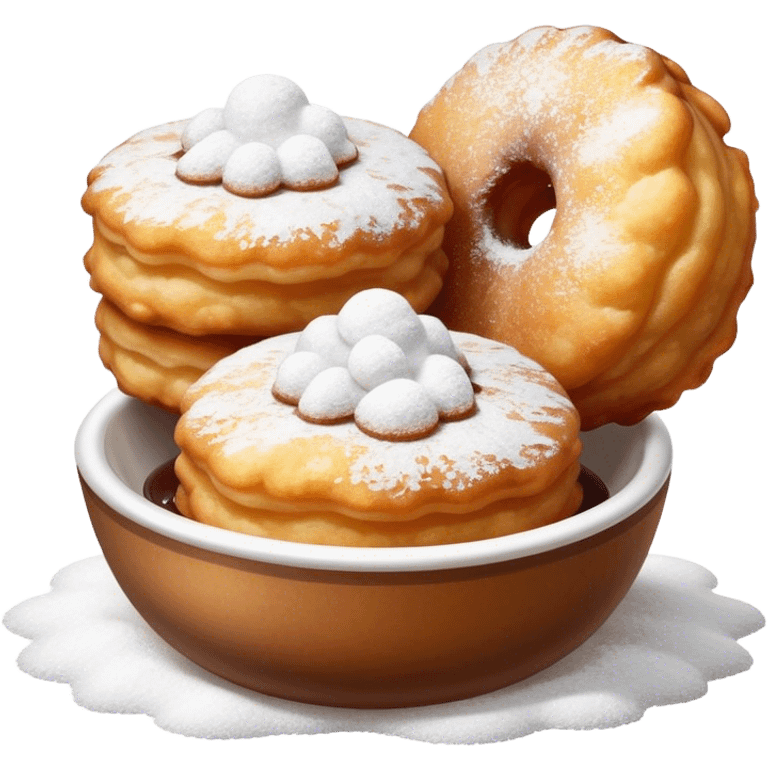 Buñuelo Cinematic Realistic Buñuelo Dessert Emoji, depicted as perfectly round, fluffy fritters served in a small bowl with a dusting of powdered sugar, rendered with vibrant textures and warm, inviting lighting. emoji