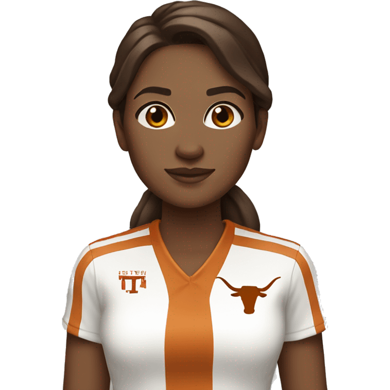 Brown hair, white skin, woman. Wearing University of Texas Longhorn clothes emoji