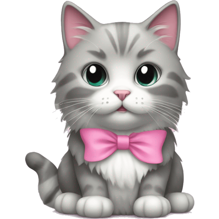 grey and white fluffy cat with pink bow collar  emoji