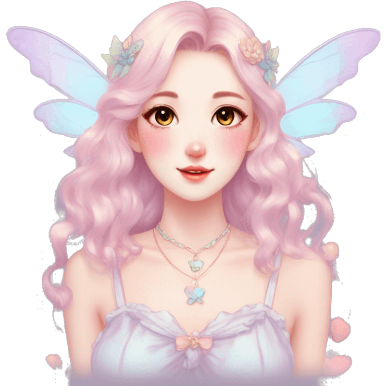 Gorgeous pastel anime style lady with blushing face and fairy wings necklace cottagecore fairycore pastelcore colorful pearly romantic simplistic aesthetic trending style emoji