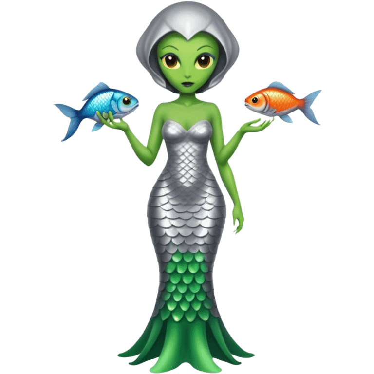 Green Alien woman with fish scales in silver dress, full figure, yellow eyes emoji