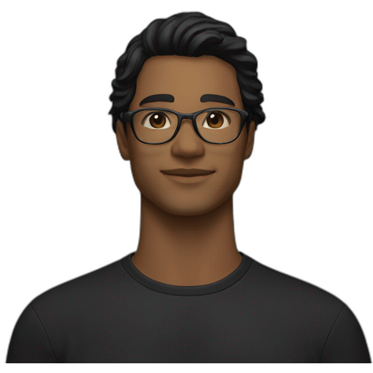 Light Brown guy, black medium long wavy hair, no facial hair, transparent aviator glasses, black t shirt emoji