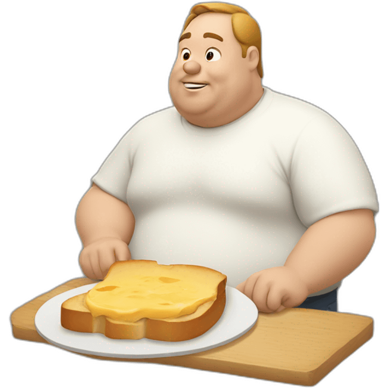 a fat man eating a slice of bread with a white sauce emoji