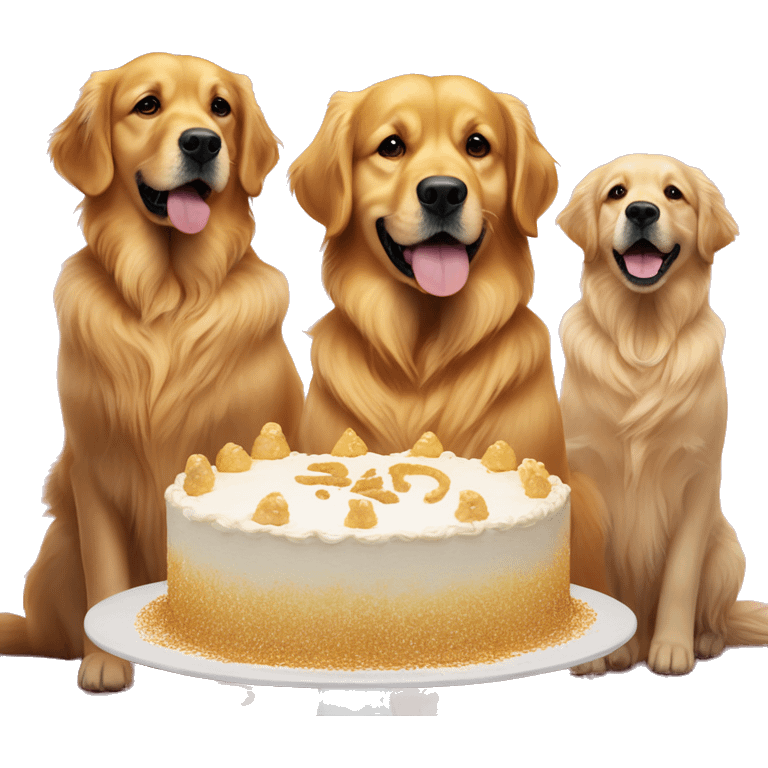 Five golden retrievers in front of cake emoji