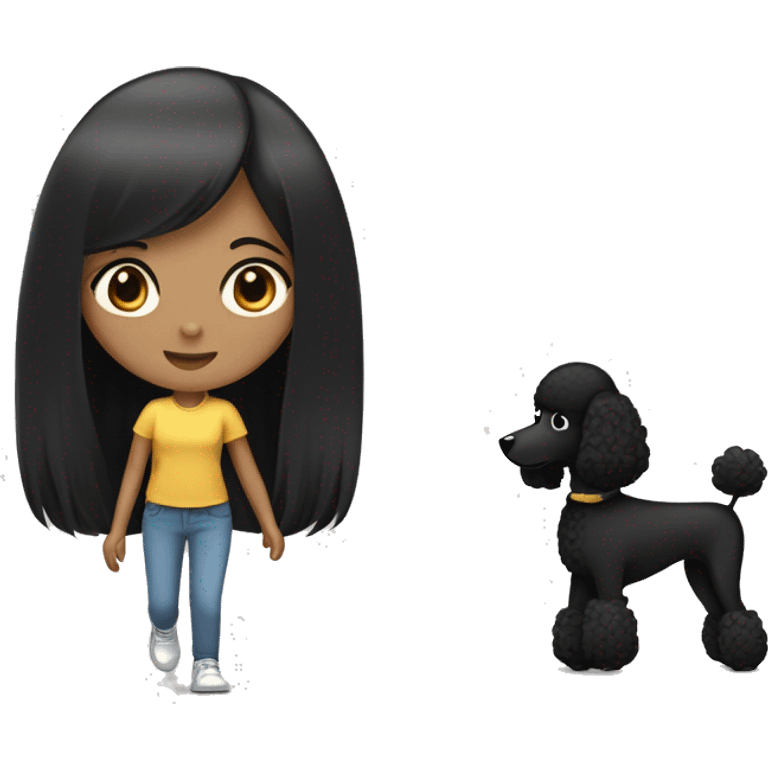 One Korean girl with black long straight hair with one medium black poodle is walking. emoji