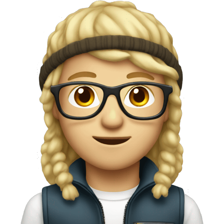 blonde boy with brown mullet, pilot glasses and beanie emoji