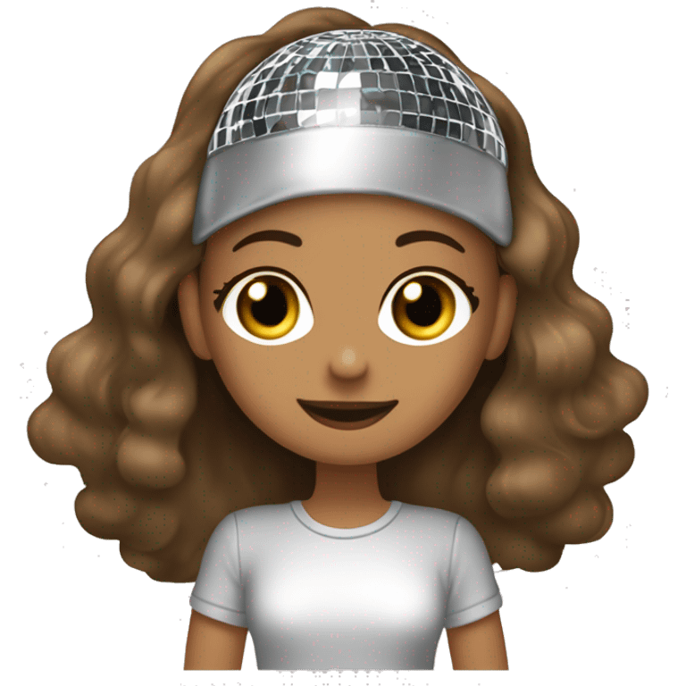 A girl wearing a disco ball, ￼ T-shirt ￼ With long, brown, darkest,  ￼wavy hair,  emoji