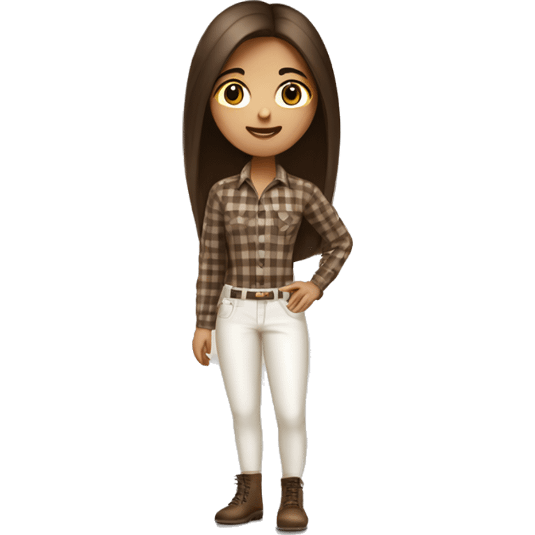 a brunette girl with long straight hair stands in a brown checkered shirt and white pants with a small black handbag emoji