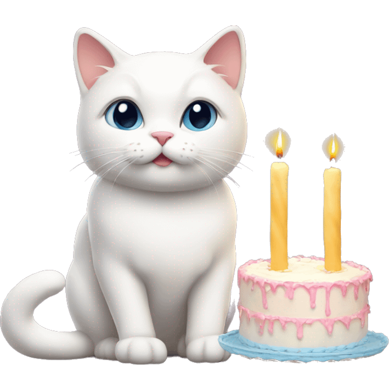 A white cat in front of a cake with lit candles emoji