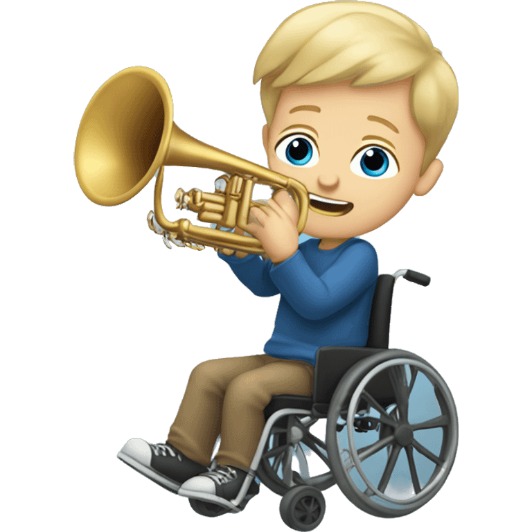 White Boy with dirty blonde hair and blue eyes in a wheelchair holding a trumpet emoji