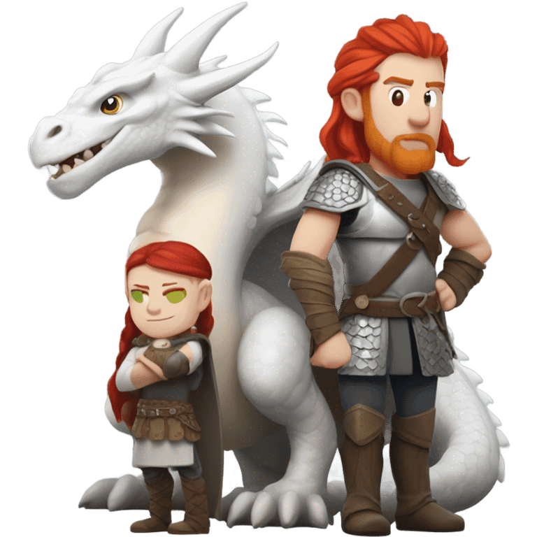  White Viking red head pale skin beautiful dragon  queen with a Viking solder with a gray man bun built white solder on a dragon  emoji