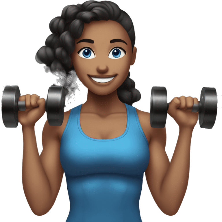 Gym girl lifting weights,baylage hair blue eyes, smiling wearing black gym leggings emoji