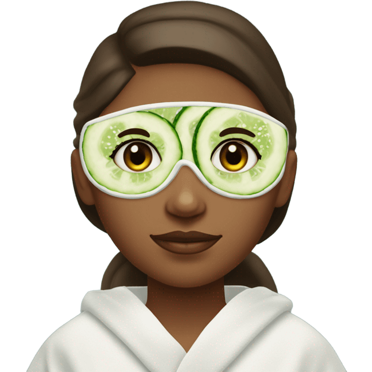 Girl with freackles Brown hair white skin and blue eyes wears Green colored texture skin care mask while She relaxes and puts two round piece of cucumber on her closed eyes In a white Robe emoji