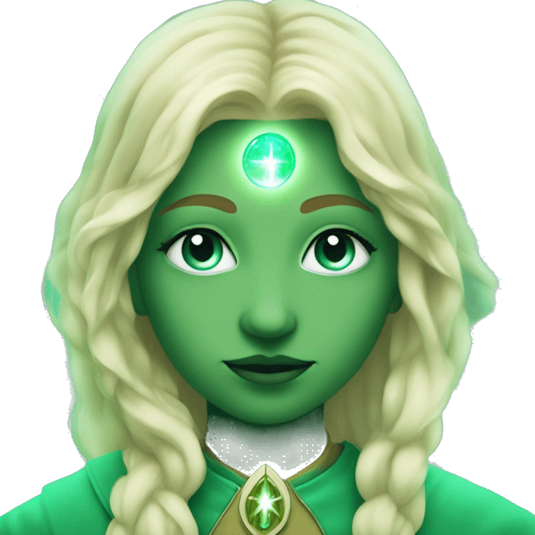 nordic pleiadian in green clothing with thin face long blonde hair and blue eyes third eye glowing emoji