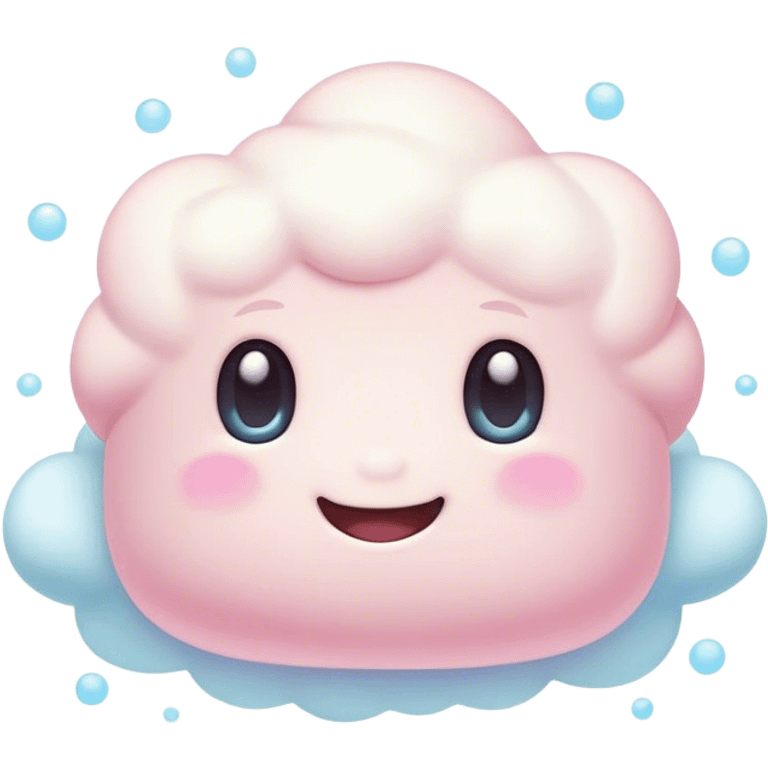 Cinematic fluffy pastel marshmallow character, soft round edges, tiny sparkly eyes, a small happy smile, glowing warmly, floating in a dreamy soft sky. emoji