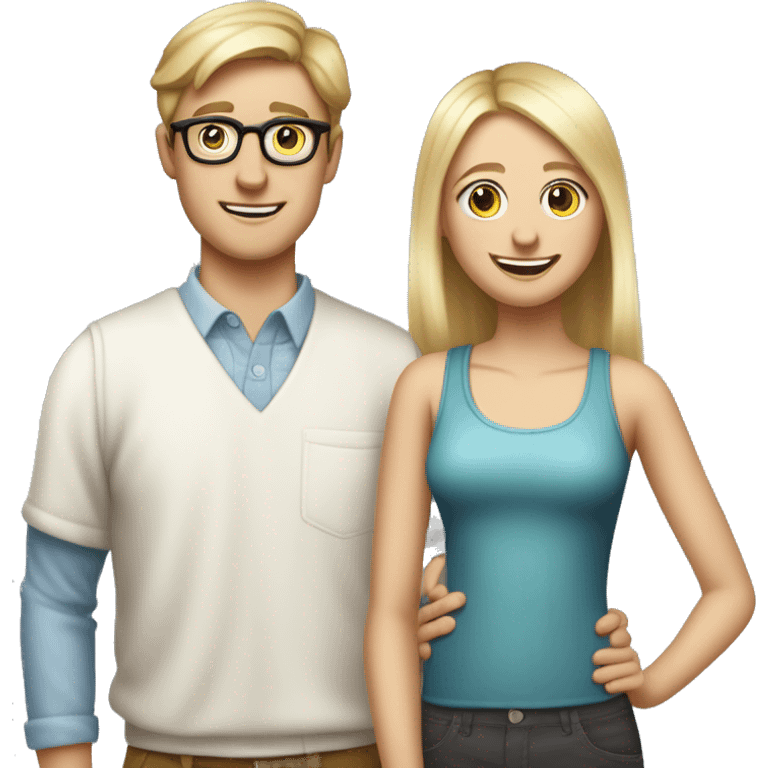 Create an iPhone-style emoji of a nerdy, skinny, white blond guy in his mid-20s with glasses and braces, standing behind his shorter adopted sister, hands on her shoulders, smiling menacingly at her. emoji